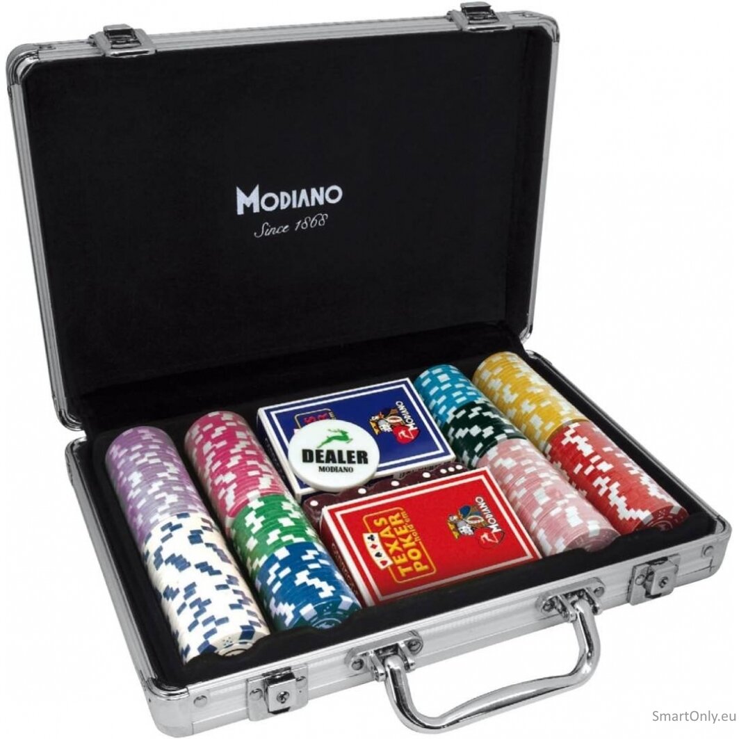 200 vnt. Pokerio žetonų (14g.) ir kortų rinkinys su lagaminu Modiano 200 vnt. Pokerio žetonų (14g.) ir kortų rinkinys su lagaminu Modiano