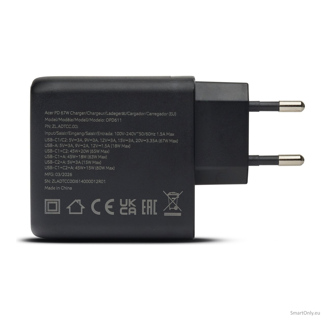 Acer 67W PD GaN Charger, 2 x USB C and 1 x USB A, EU Plug, 100W USB C cable, Black (Retail Pack) 8 Acer 67W PD GaN Charger, 2 x USB C and 1 x USB A, EU Plug, 100W USB C cable, Black (Retail Pack) 8