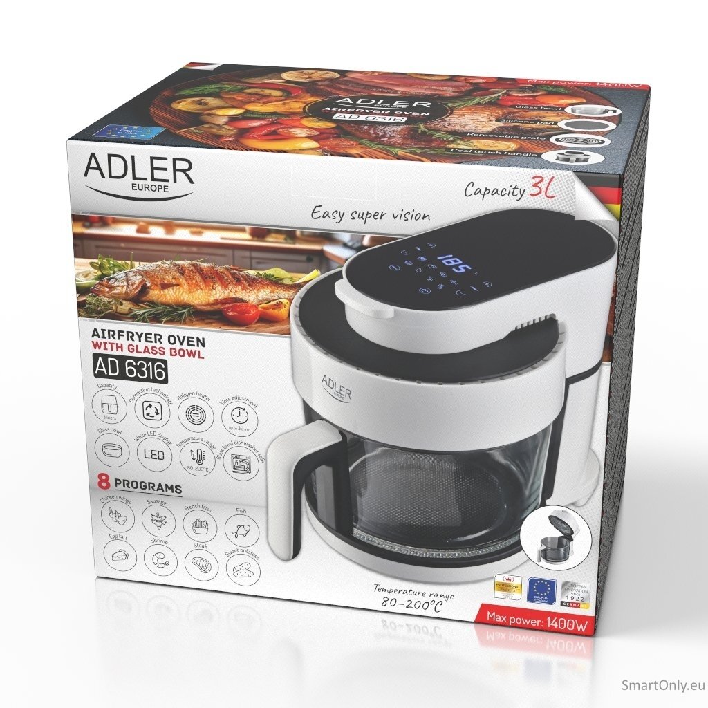 Adler Air Fryer Oven with Glass Bowl | AD 6316 | Power 1200 W | Capacity 3 L | Convection | White/Black 1 Adler Air Fryer Oven with Glass Bowl | AD 6316 | Power 1200 W | Capacity 3 L | Convection | White/Black 1