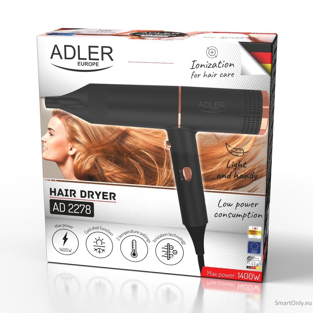 Adler Hair Dryer | AD 2278 | 1400 W | Number of temperature settings 2 | Ionic function | Black 1 Adler Hair Dryer | AD 2278 | 1400 W | Number of temperature settings 2 | Ionic function | Black 1