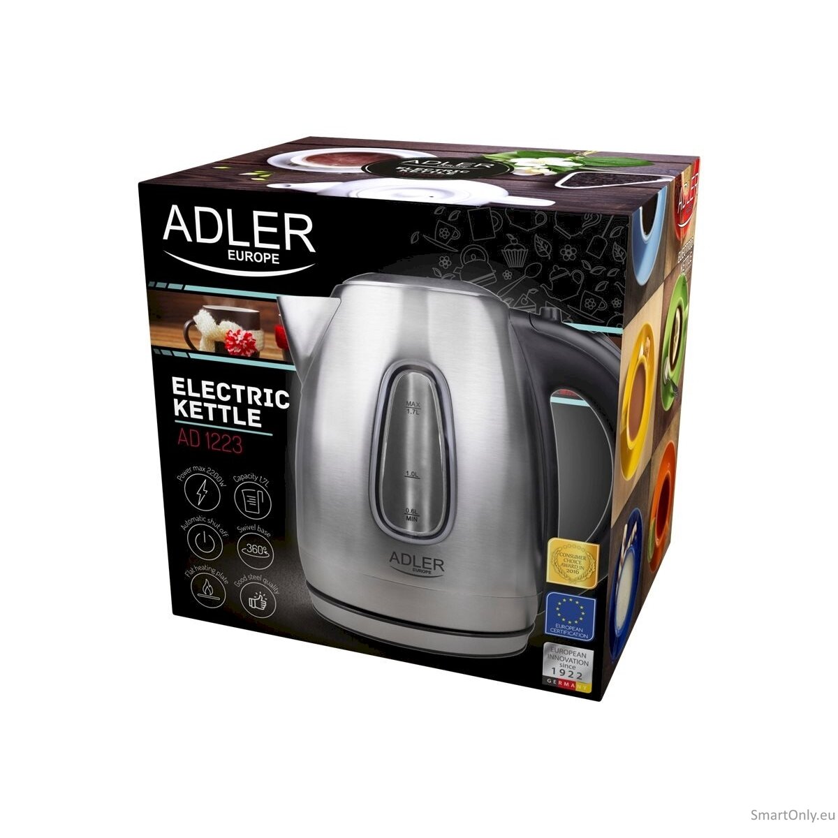 Adler Kettle AD 1223 Standard 2200 W 1.7 L Stainless steel 360° rotational base Stainless steel 9 Adler Kettle AD 1223 Standard 2200 W 1.7 L Stainless steel 360° rotational base Stainless steel 9