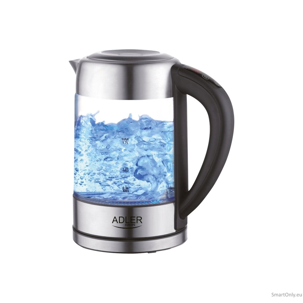 Adler Kettle AD 1247 NEW With electronic control 1850 - 2200 W 1.7 L Stainless steel, glass 360° rotational base Stainless steel/Transparent 9 Adler Kettle AD 1247 NEW With electronic control 1850 - 2200 W 1.7 L Stainless steel, glass 360° rotational base Stainless steel/Transparent 9