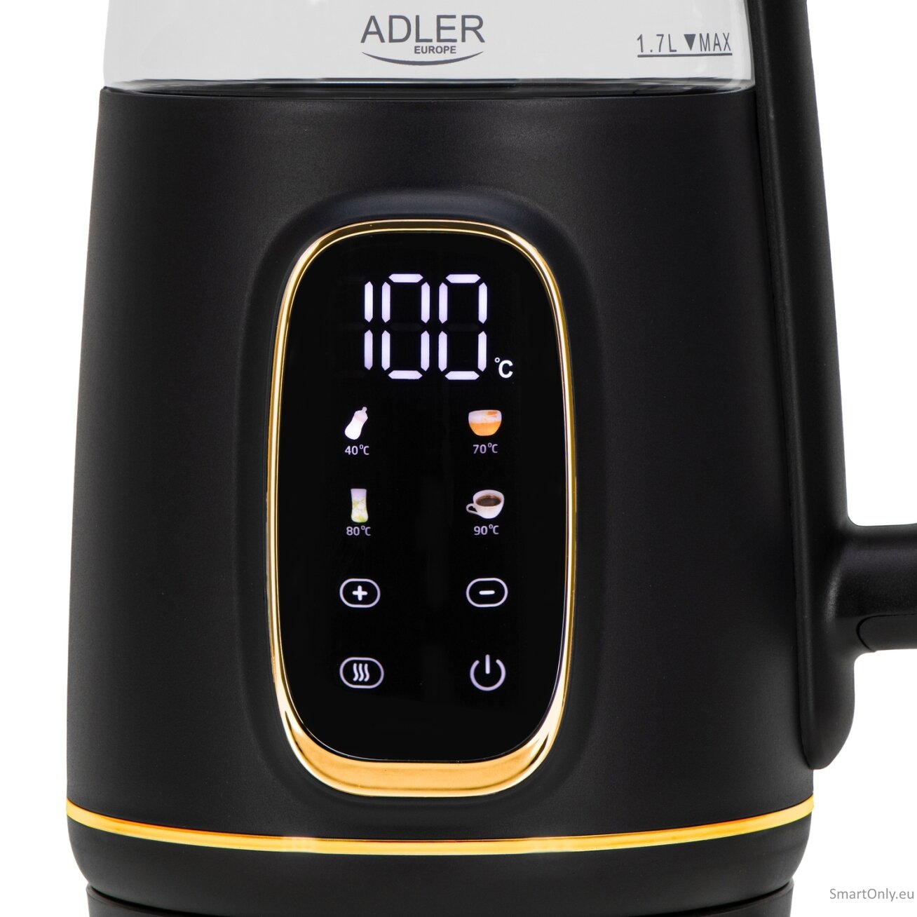Adler Kettle with LED Display | AD 1305 | Electric | 2200 W | 1.7 L | Plastic | 360° rotational base | Black/Gold 1 Adler Kettle with LED Display | AD 1305 | Electric | 2200 W | 1.7 L | Plastic | 360° rotational base | Black/Gold 1