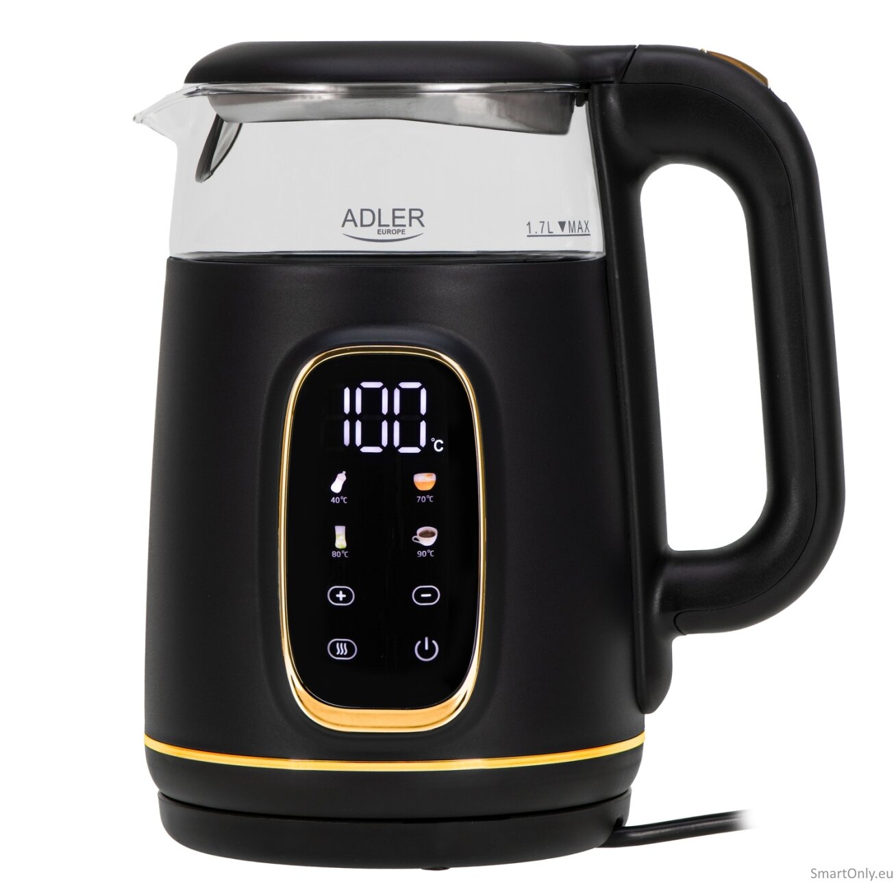 Adler Kettle with LED Display | AD 1305 | Electric | 2200 W | 1.7 L | Plastic | 360° rotational base | Black/Gold Adler Kettle with LED Display | AD 1305 | Electric | 2200 W | 1.7 L | Plastic | 360° rotational base | Black/Gold