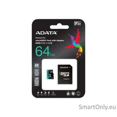 ADATA | Premier Pro UHS-I U3 V30S | 64 GB | MicroSDXC | Flash memory class 10 | Adapter ADATA | Premier Pro UHS-I U3 V30S | 64 GB | MicroSDXC | Flash memory class 10 | Adapter