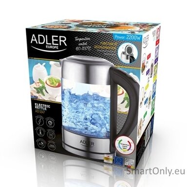 Adler Kettle AD 1247 NEW With electronic control 1850 - 2200 W 1.7 L Stainless steel, glass 360° rotational base Stainless steel/Transparent Adler Kettle AD 1247 NEW With electronic control 1850 - 2200 W 1.7 L Stainless steel, glass 360° rotational base Stainless steel/Transparent