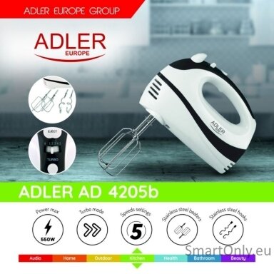 Adler Mixer AD 4205 b Hand Mixer 300 W Number of speeds 5 Turbo mode White/Black Adler Mixer AD 4205 b Hand Mixer 300 W Number of speeds 5 Turbo mode White/Black
