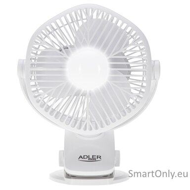 Adler Rechargeable fan with clip | AD 7335 | Table Fan | 6 W | Diameter 12.7 cm | Number of speeds 3 | Oscillation | White Adler Rechargeable fan with clip | AD 7335 | Table Fan | 6 W | Diameter 12.7 cm | Number of speeds 3 | Oscillation | White
