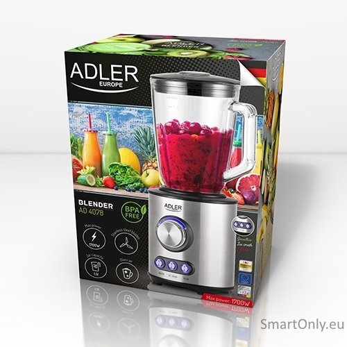 Adler Blender AD 4078 Tabletop 1700 W Jar material Glass Jar capacity 1.5 L Ice crushing Stainless steel Adler Blender AD 4078 Tabletop 1700 W Jar material Glass Jar capacity 1.5 L Ice crushing Stainless steel