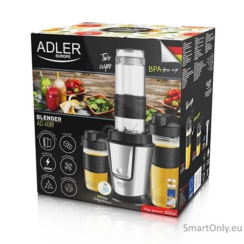 Adler Blender AD 4081 Tabletop 800 W Jar material BPA Free Plastic Jar capacity 0.57 and 0.4 L Ice crushing Black/Stainless steel New 1 Adler Blender AD 4081 Tabletop 800 W Jar material BPA Free Plastic Jar capacity 0.57 and 0.4 L Ice crushing Black/Stainless steel New 1