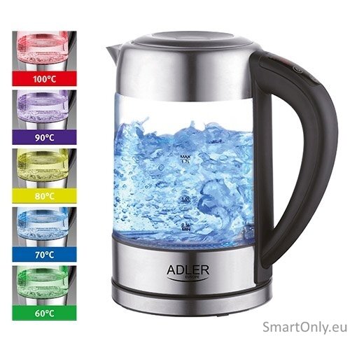 Adler Kettle AD 1247 NEW With electronic control 1850 - 2200 W 1.7 L Stainless steel, glass 360° rotational base Stainless steel/Transparent 7
