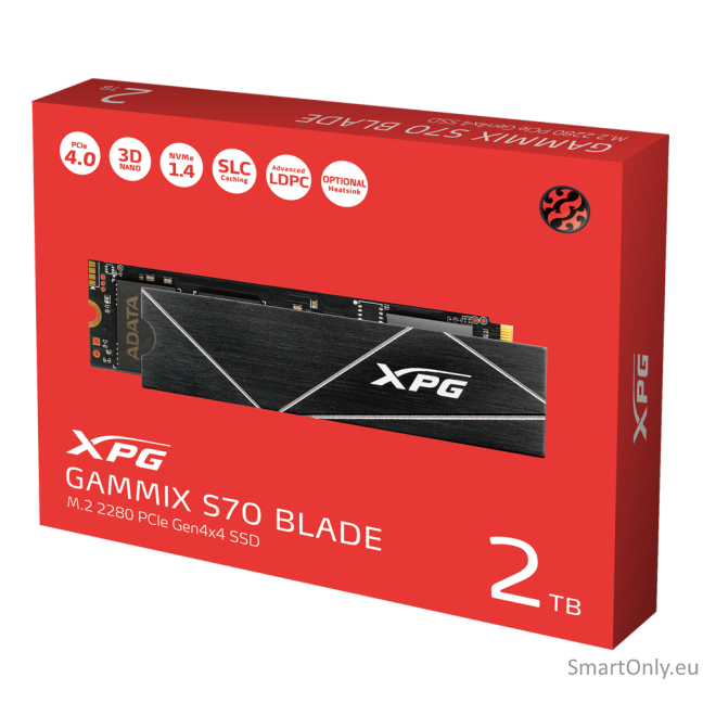 ADATA | XPG Gammix S70 BLADE | 2000 GB | SSD form factor M.2 2280 | Solid-state drive interface  PCIe Gen4x4 | Read speed 7400 MB/s | Write speed 6400 MB/s 3