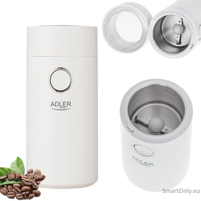 Adler | Coffee grinder | AD4446wg | 150 W | Coffee beans capacity 75 g | Lid safety switch | White 1 Adler | Coffee grinder | AD4446wg | 150 W | Coffee beans capacity 75 g | Lid safety switch | White 1