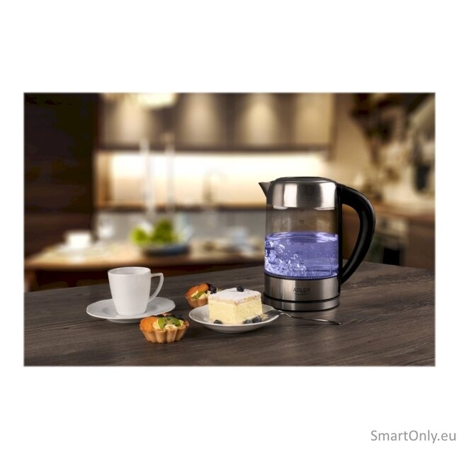 Adler Kettle AD 1247 NEW With electronic control 1850 - 2200 W 1.7 L Stainless steel, glass 360° rotational base Stainless steel/Transparent 15 Adler Kettle AD 1247 NEW With electronic control 1850 - 2200 W 1.7 L Stainless steel, glass 360° rotational base Stainless steel/Transparent 15
