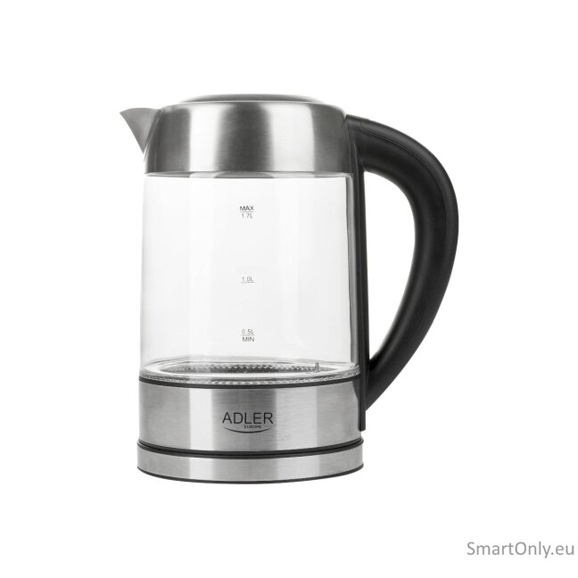 Adler Kettle AD 1247 NEW With electronic control 1850 - 2200 W 1.7 L Stainless steel, glass 360° rotational base Stainless steel/Transparent 8 Adler Kettle AD 1247 NEW With electronic control 1850 - 2200 W 1.7 L Stainless steel, glass 360° rotational base Stainless steel/Transparent 8
