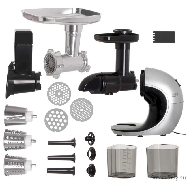Adler Slow-speed juicer 3in1 - Meat mincer, Juicer, Vegetable grater AD 4131 Type Slow Juicer Stainless Steel 150 W Number of speeds 1 90-105 RPM 7 Adler Slow-speed juicer 3in1 - Meat mincer, Juicer, Vegetable grater AD 4131 Type Slow Juicer Stainless Steel 150 W Number of speeds 1 90-105 RPM 7