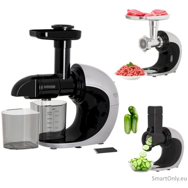 Adler Slow-speed juicer 3in1 - Meat mincer, Juicer, Vegetable grater AD 4131 Type Slow Juicer Stainless Steel 150 W Number of speeds 1 90-105 RPM 3 Adler Slow-speed juicer 3in1 - Meat mincer, Juicer, Vegetable grater AD 4131 Type Slow Juicer Stainless Steel 150 W Number of speeds 1 90-105 RPM 3