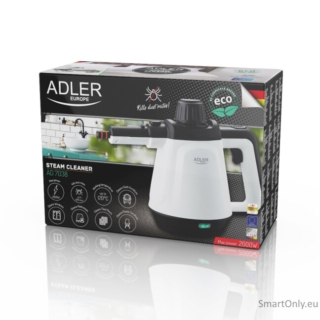 Adler Steam cleaner AD 7038 Power 1200 W, Steam pressure 3.5 bar, Water tank capacity 0.45 L, White/Black 7 Adler Steam cleaner AD 7038 Power 1200 W, Steam pressure 3.5 bar, Water tank capacity 0.45 L, White/Black 7