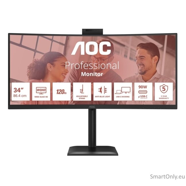 AOC | CU34E4CW | 34 " | VA | UWQHD | 120 Hz | 4 ms | 3440 x 1440 pixels | 350 cd/m² | HDMI ports quantity 2 | Black