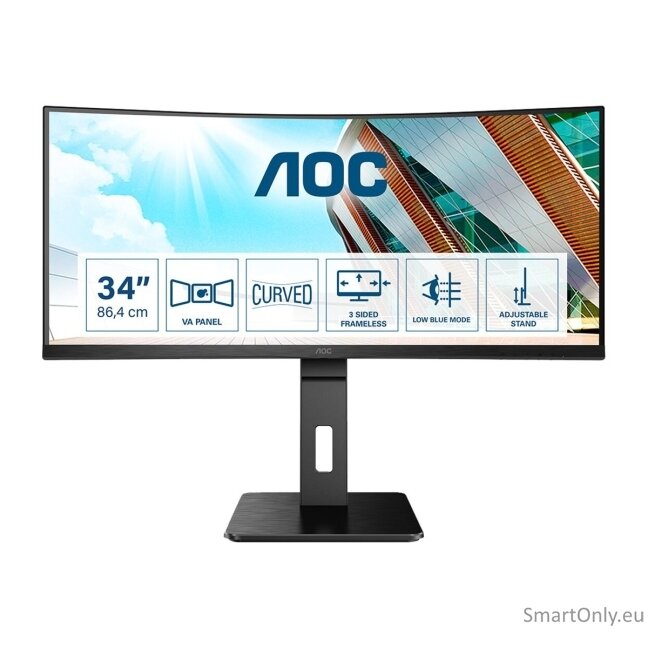 AOC | Curved Monitor | CU34P2A | 34 " | VA | 21:9 | 100 Hz | 1 ms | 3440 × 1440 | 300 cd/m² | Headphone out (3.5mm) | HDMI ports quantity HDMI x 2 | Black | Warranty 36 month(s) 5 AOC | Curved Monitor | CU34P2A | 34 " | VA | 21:9 | 100 Hz | 1 ms | 3440 × 1440 | 300 cd/m² | Headphone out (3.5mm) | HDMI ports quantity HDMI x 2 | Black | Warranty 36 month(s) 5