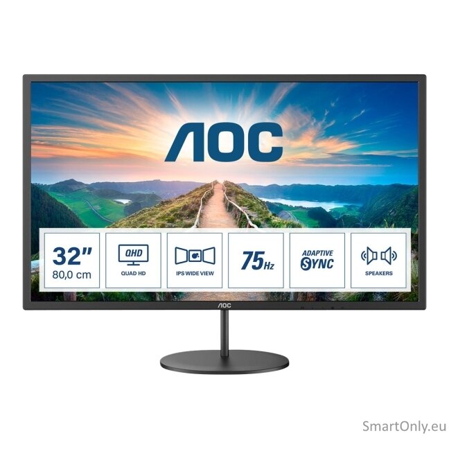 AOC | Monitor | Q32V4 | 31.5 " | IPS | QHD | 16:9 | 75 Hz | 4 ms | 2560 x 1440 | 250 cd/m² | Headphone out (3.5mm) | HDMI ports quantity 1 | Warranty 36 month(s) 5 AOC | Monitor | Q32V4 | 31.5 " | IPS | QHD | 16:9 | 75 Hz | 4 ms | 2560 x 1440 | 250 cd/m² | Headphone out (3.5mm) | HDMI ports quantity 1 | Warranty 36 month(s) 5