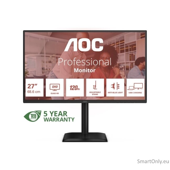 AOC | Q27E4CV | 27 " | IPS | QHD | 16:9 | 120 Hz | 4 ms | 2560 x 1440 pixels | 350 cd/m² | HDMI ports quantity 1 | Black 9 AOC | Q27E4CV | 27 " | IPS | QHD | 16:9 | 120 Hz | 4 ms | 2560 x 1440 pixels | 350 cd/m² | HDMI ports quantity 1 | Black 9