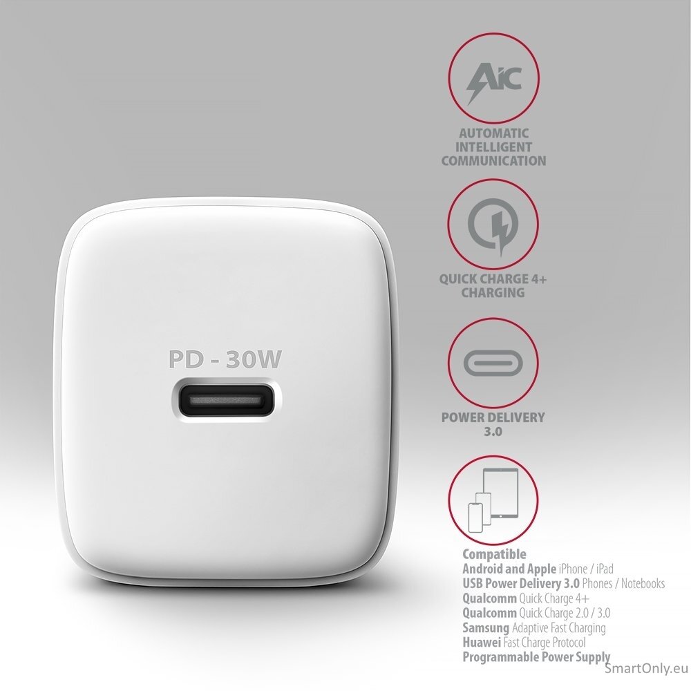 AXAGON ACU-PD30W Sil Wall charger 30W, 1x port USB-C, PD3.0/PPS/QC4+/SFC/AFC/Apple, white 3
