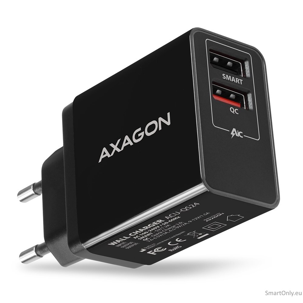 AXAGON ACU-QS24 QUICK and SMART Wall charger, 2x USB port QC3.0/AFC/FCP + 5V-1.2A, 24W AXAGON ACU-QS24 QUICK and SMART Wall charger, 2x USB port QC3.0/AFC/FCP + 5V-1.2A, 24W