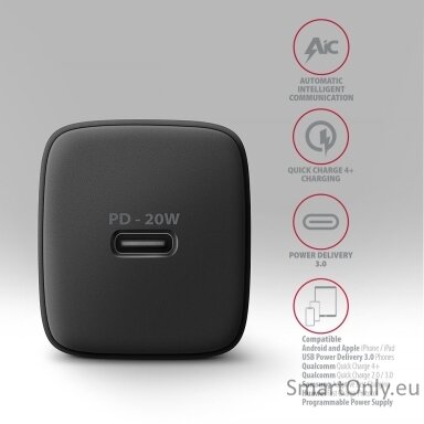 AXAGON ACU-PD20 Wall charger 20W, 1x port USB-C, PD3.0/PPS/QC4+/AFC/Apple, black AXAGON ACU-PD20 Wall charger 20W, 1x port USB-C, PD3.0/PPS/QC4+/AFC/Apple, black