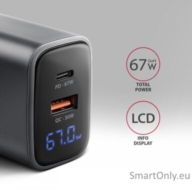 AXAGON ACU-PQ67D GaN Wall charger 67W, USB-A + USB-C, PD3.0/PPS/QC4+/SF, Black