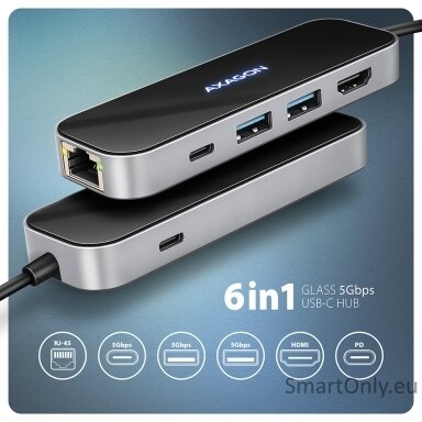 AXAGON USB-C 5Gbps GLASS 6in1 Hub | HMC-6GLN