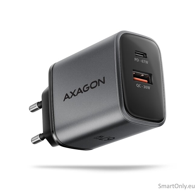 AXAGON ACU-PQ67 GaN Wall charger 67W, 2x port (USB-A + USB-C) PD3.0/PPS/QC4+/SFC 2.0/Apple, Black 1
