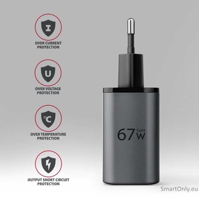 AXAGON ACU-PQ67 GaN Wall charger 67W, 2x port (USB-A + USB-C) PD3.0/PPS/QC4+/SFC 2.0/Apple, Black 2