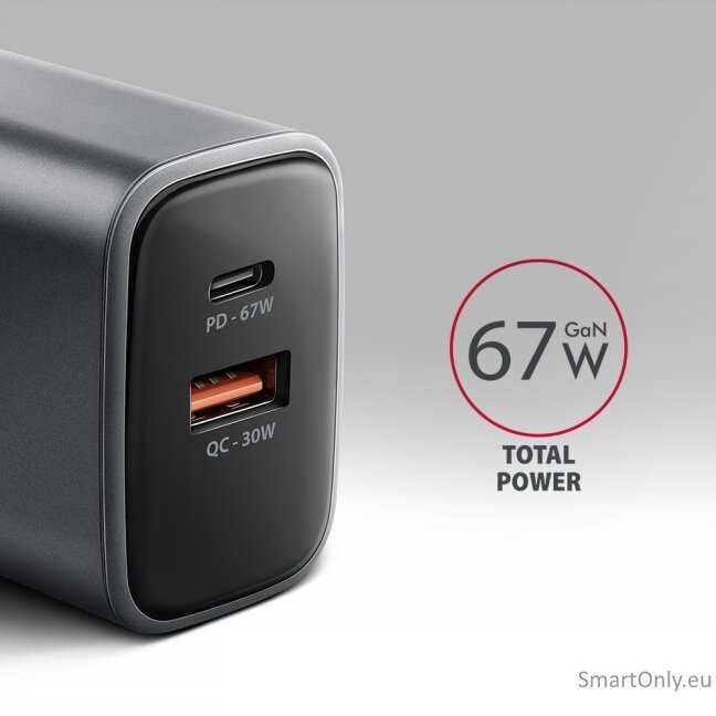 AXAGON ACU-PQ67 GaN Wall charger 67W, 2x port (USB-A + USB-C) PD3.0/PPS/QC4+/SFC 2.0/Apple, Black 4