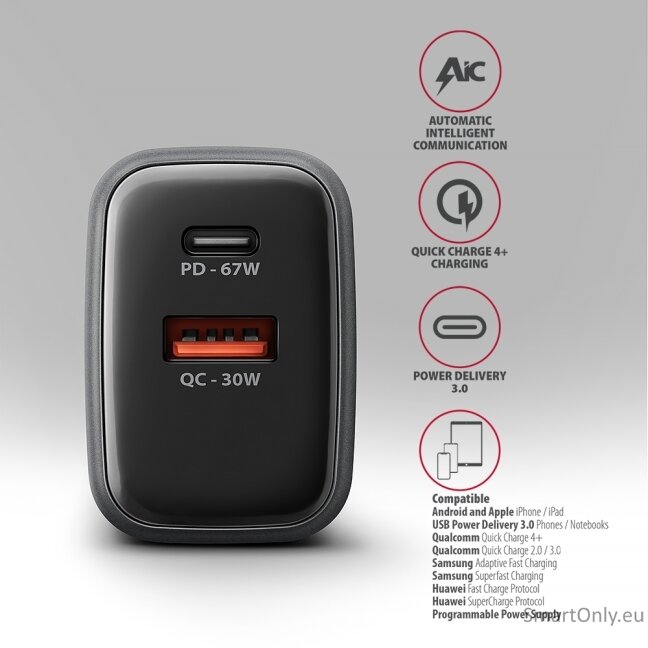 AXAGON ACU-PQ67 GaN Wall charger 67W, 2x port (USB-A + USB-C) PD3.0/PPS/QC4+/SFC 2.0/Apple, Black 7