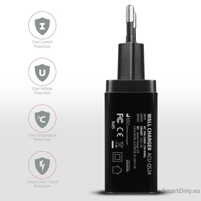 AXAGON ACU-QS24 QUICK and SMART Wall charger, 2x USB port QC3.0/AFC/FCP + 5V-1.2A, 24W 4