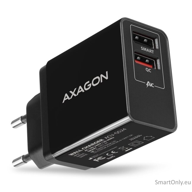AXAGON ACU-QS24 QUICK and SMART Wall charger, 2x USB port QC3.0/AFC/FCP + 5V-1.2A, 24W AXAGON ACU-QS24 QUICK and SMART Wall charger, 2x USB port QC3.0/AFC/FCP + 5V-1.2A, 24W