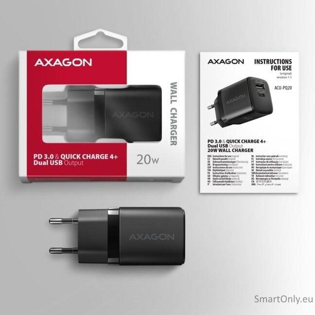 AXAGON Wallcharger 2x port (USB-A + USB-C), 20W | ACU-PQ20 8 AXAGON Wallcharger 2x port (USB-A + USB-C), 20W | ACU-PQ20 8