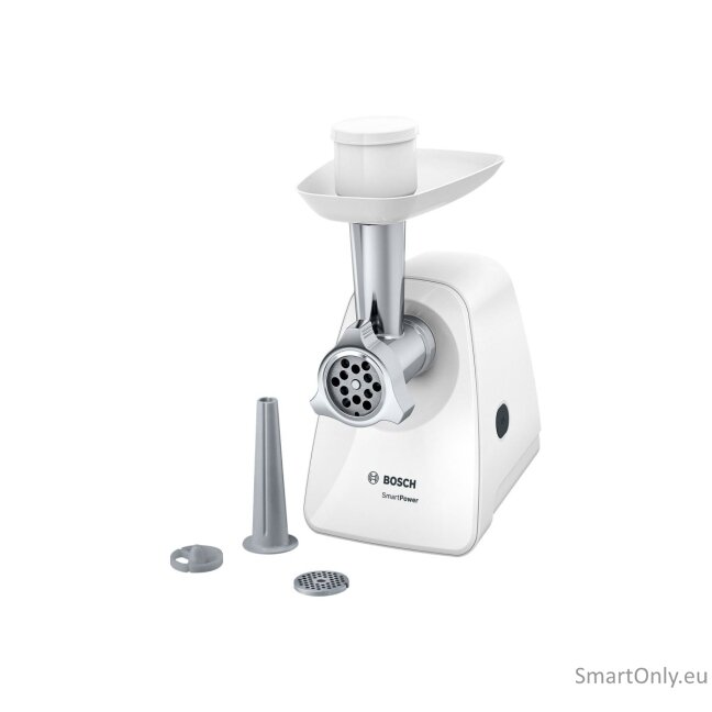 Bosch | Meat mincer SmartPower | MFW2510W | White | 350 W | Number of speeds 1 | 2 Discs: 3.8 and 8 mm; Sausage filler accessory. Bosch | Meat mincer SmartPower | MFW2510W | White | 350 W | Number of speeds 1 | 2 Discs: 3.8 and 8 mm; Sausage filler accessory.