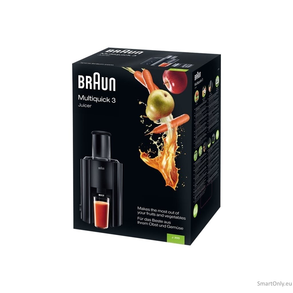 Braun | J 300 BK | Type Automatic juicer | Black | 800 W | Extra large fruit input | Number of speeds 2 6 Braun | J 300 BK | Type Automatic juicer | Black | 800 W | Extra large fruit input | Number of speeds 2 6