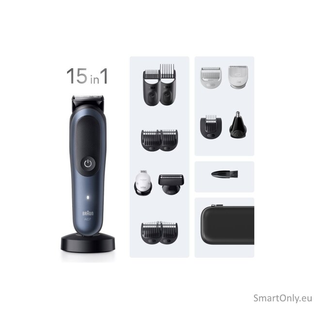 Braun Hair Trimmer | All-in-One Series 7 AIO7580 | Cordless | Wet & Dry | Number of length steps 14 | Blue/Black Braun Hair Trimmer | All-in-One Series 7 AIO7580 | Cordless | Wet & Dry | Number of length steps 14 | Blue/Black