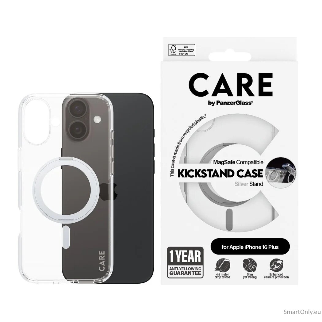 CARE by PanzerGlass Case Feature | Back protection | Apple | iPhone 16 Plus | Recycled plastic | Silver | Kickstand & MagSafe 2