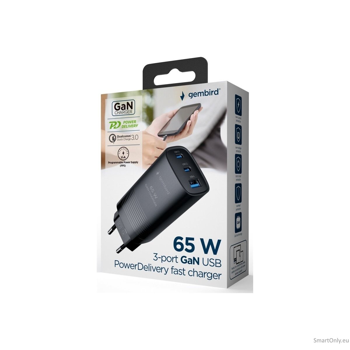 Cablexpert TA-UC-PDQC65-01-BK 3-port 65 W GaN USB PowerDelivery fast charger, black | Cablexpert Cablexpert TA-UC-PDQC65-01-BK 3-port 65 W GaN USB PowerDelivery fast charger, black | Cablexpert