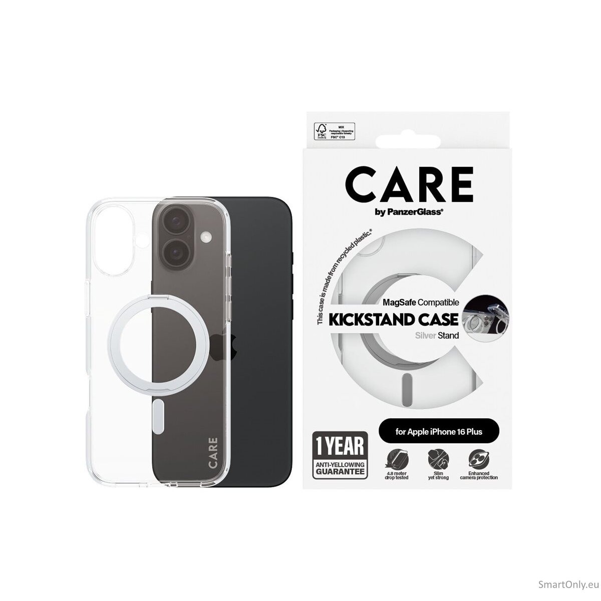 CARE by PanzerGlass Case Feature | Back protection | Apple | iPhone 16 Plus | Recycled plastic | Silver | Kickstand & MagSafe 6 CARE by PanzerGlass Case Feature | Back protection | Apple | iPhone 16 Plus | Recycled plastic | Silver | Kickstand & MagSafe 6