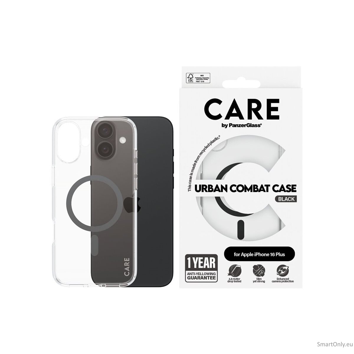 CARE by PanzerGlass Case Flagship | Back protection | Apple | iPhone 16 Plus | Recycled plastic | Transparent/Black | MagSafe 5 CARE by PanzerGlass Case Flagship | Back protection | Apple | iPhone 16 Plus | Recycled plastic | Transparent/Black | MagSafe 5