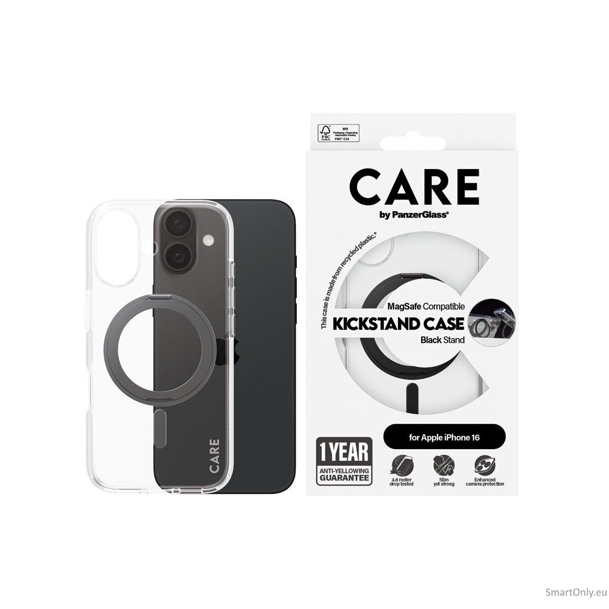 CARE by PanzerGlass Feature Case Transparent w. Black Kickstand & MagSafe iPhone 16 | CARE 5 CARE by PanzerGlass Feature Case Transparent w. Black Kickstand & MagSafe iPhone 16 | CARE 5