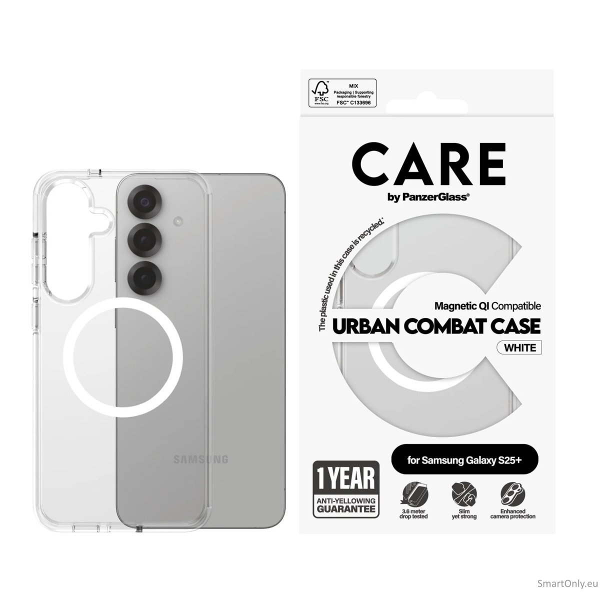 CARE by PanzerGlass Flagship Case Transparent Urban Combat w. White Qi Compatible Samsung Galaxy S25 | CARE 2 CARE by PanzerGlass Flagship Case Transparent Urban Combat w. White Qi Compatible Samsung Galaxy S25 | CARE 2