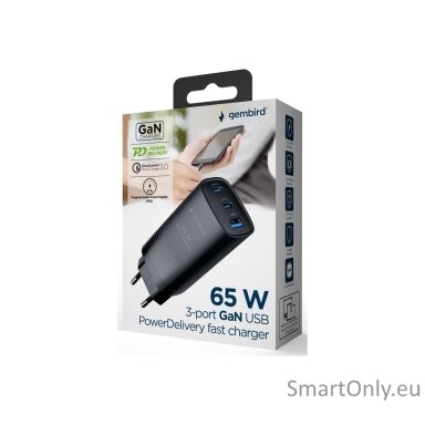 Cablexpert TA-UC-PDQC65-01-BK 3-port 65 W GaN USB PowerDelivery fast charger, black | Cablexpert