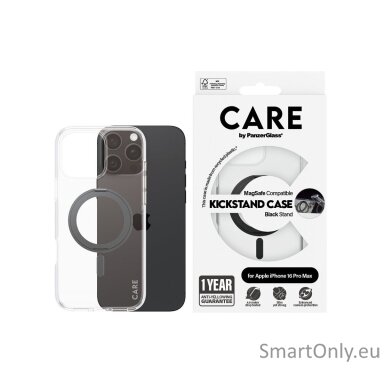 CARE by PanzerGlassFeature Case Transparent w. Black Kickstand & MagSafe iPhone 16 Pro Max | CARE