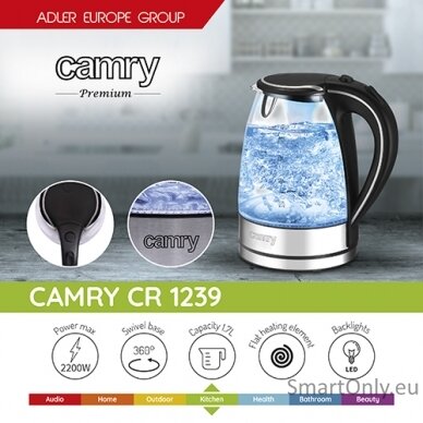 Camry Kettle CR 1239 Electric 2000 W 1.7 L Glass 360° rotational base Black 2